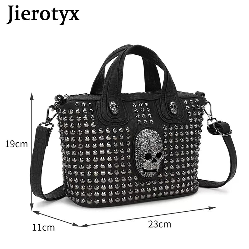 JIEROTYX Women Handbag – Casual Punk Skull Purse, Leather Top Handle with Rivets, Shoulder Crossbody Bag, Studded Gothic Design, Long Strap