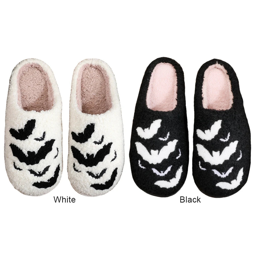 Halloween Bat Plush Slippers – Horror Ghost Flat Shoes, Spiderweb Thermal Indoor Slippers for Women, Comfortable Halloween Gift