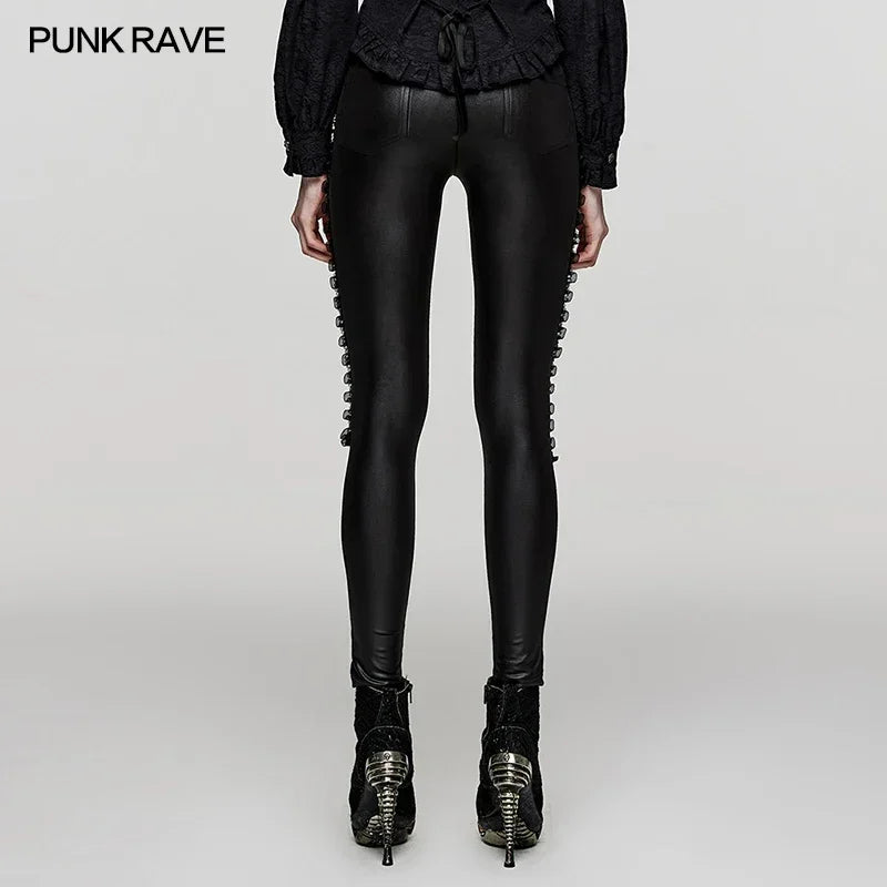 PUNK RAVE Women's Gothic Knit and Mesh Leggings - Punk Lace Streetwear with Symmetrical Segmentation