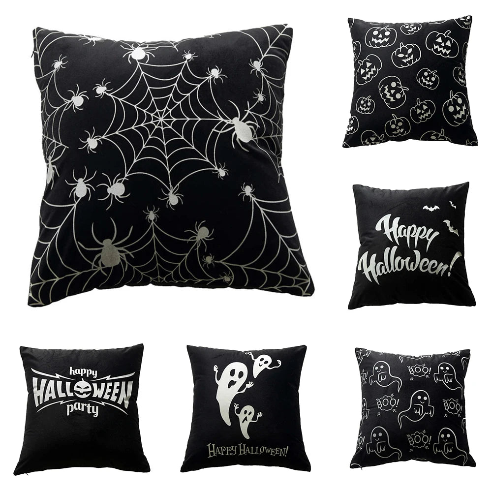 Halloween Theme Horror Pumpkin Black Printed Pattern Cushion Cover – Square Throw Pillow Covers for Home Living Room Sofa Decoration