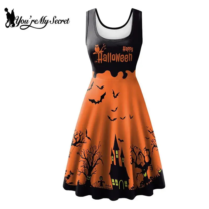 [You're My Secret] Dress Women Sexy Sleeveless Witch Party Ghastly 3D Skeleton Anime Clothes Summer Vintage Dress Halloween Rave