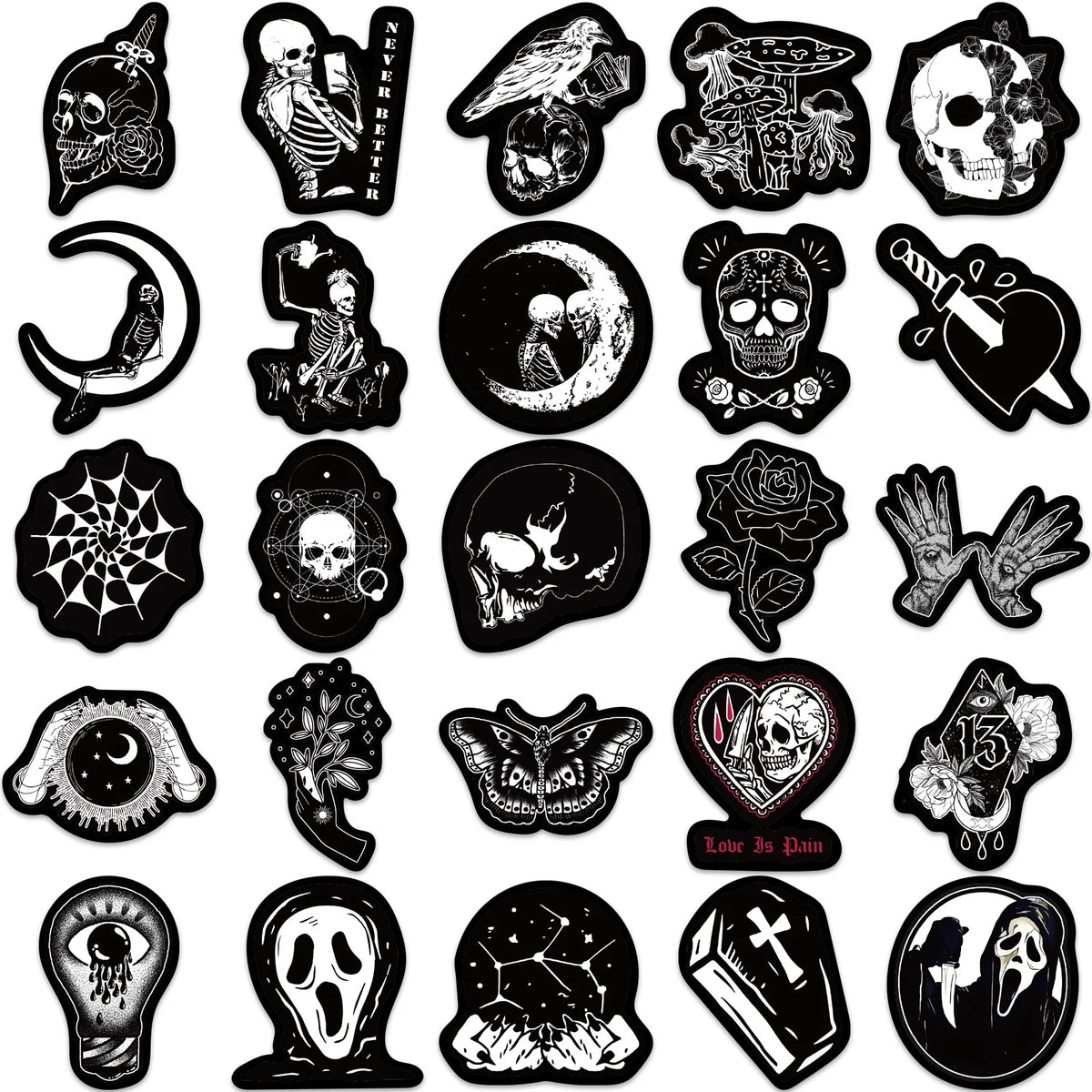 50PCS Black White Gothic Stickers Dark Goth Skull Stickers For Planners, Phones And More