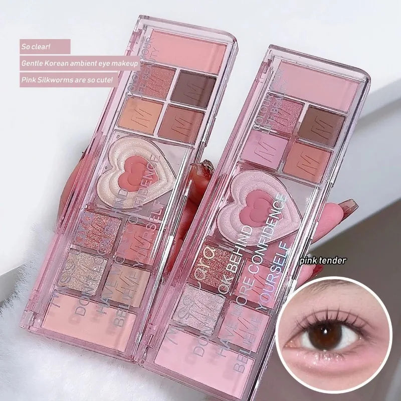 12-Color Love Heart Pink Eyeshadow Palette – Cool Tone Matte Shades, Low Saturation Brown Korean Makeup