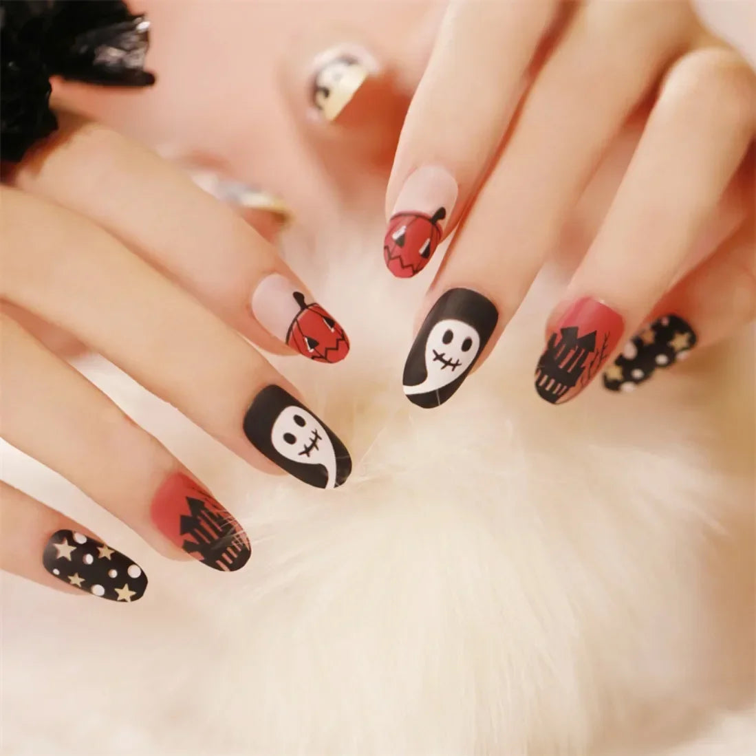 24Pcs Halloween Acrylic Fake Nails – Full Coverage Press-On Nails with Pumpkin, Skull, and Moon Designs