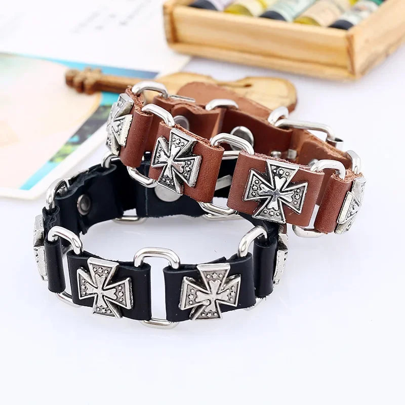 Retro Punk Men’s Leather Bracelet – Brown Cowhide Alloy Cross, Trendy Casual Unisex Snap Button Jewelry