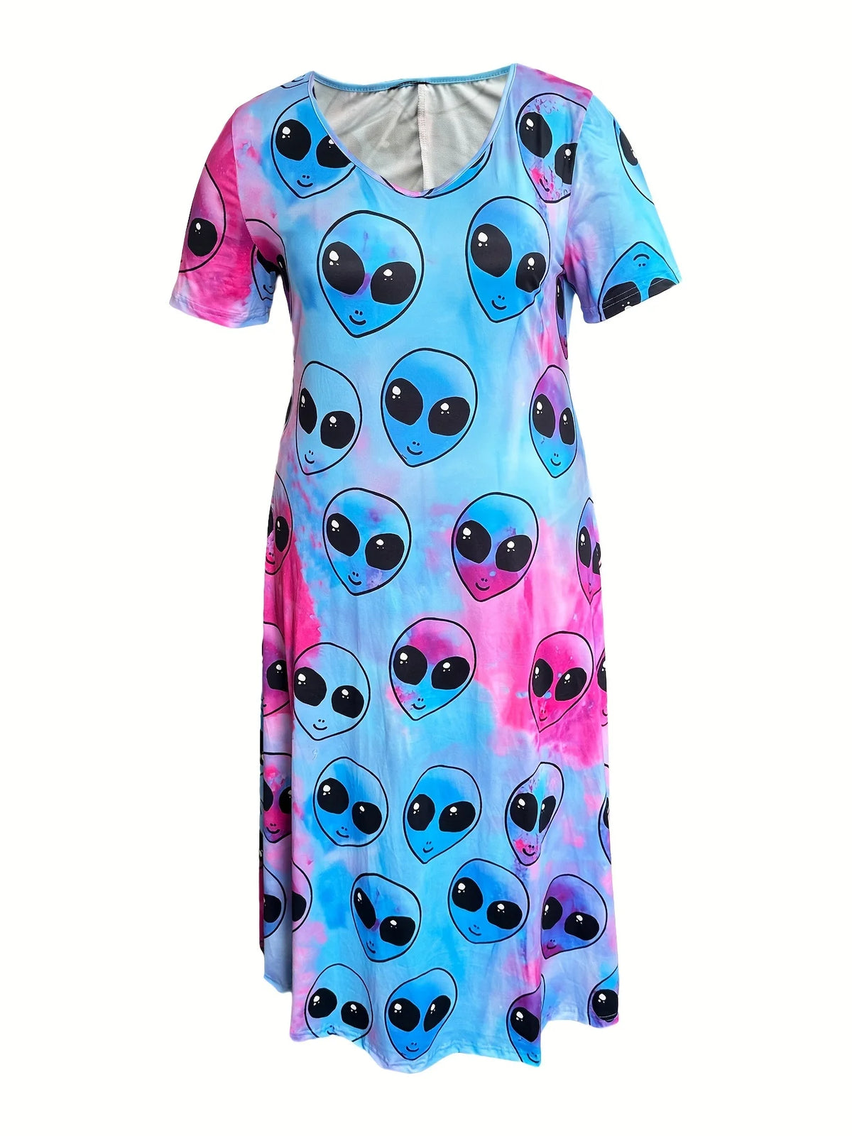 Plus Size Loose Summer Trendy Goth Alien Print V-Neck Short-Sleeved Dress