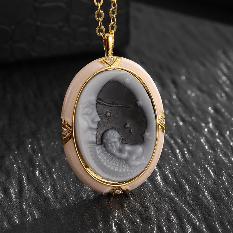 Ladies Elegant Onyx Cameo Moon Angel Pendant Necklace Girls Good Luck Dinner Jewelry Gift