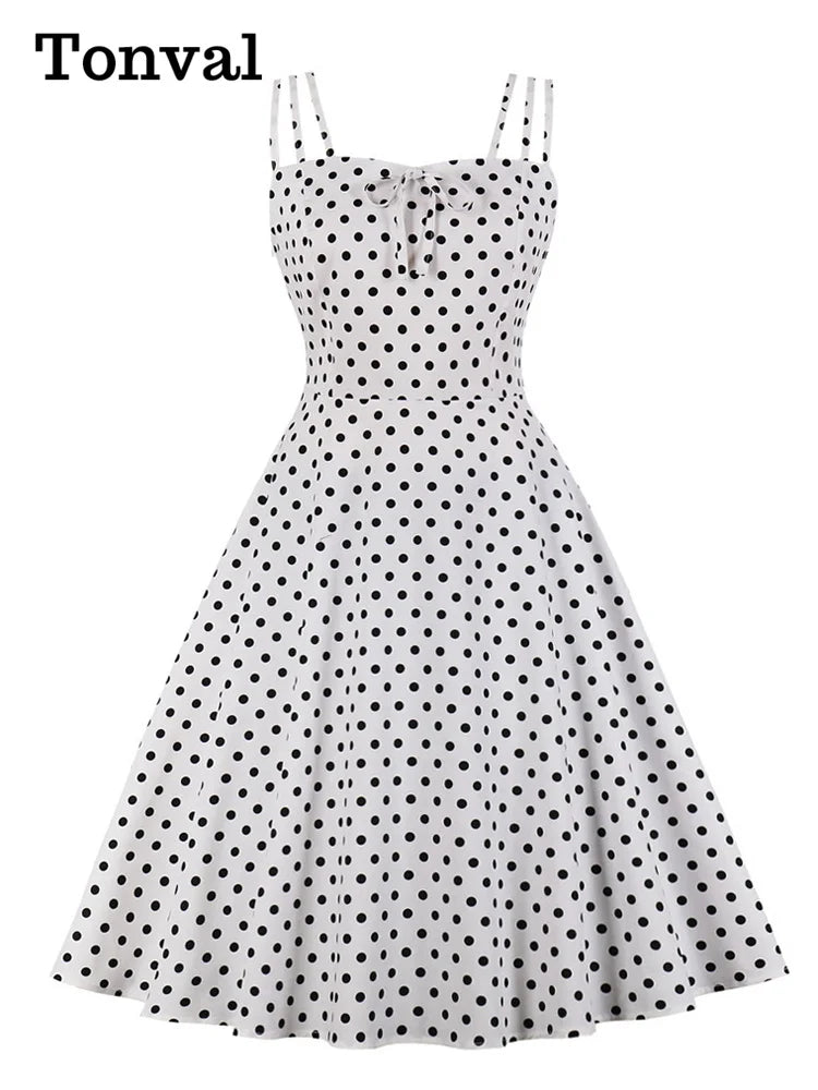 Tonval Retro Style Polka Dot Bow Front Spaghetti Strap Party Swing Dresses Women 2022 Summer Shirred Back Vintage Cotton Dress