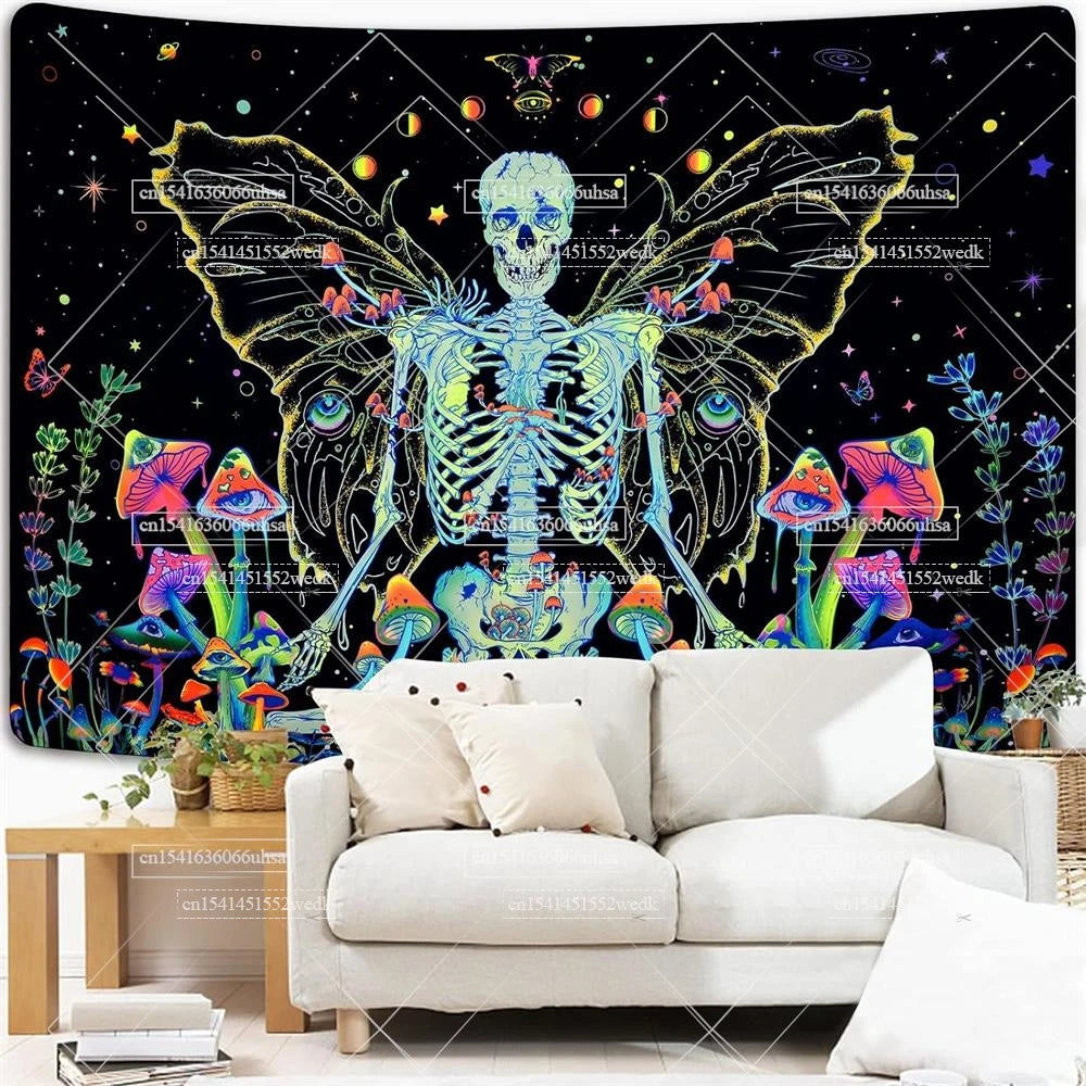 Blacklight Skull Tapestry - Aesthetic UV Reactive Butterfly and Mushroom Neon Skeleton Moth Posters