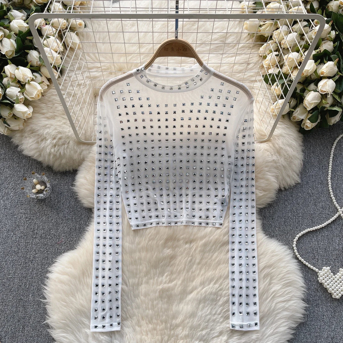 Women Chic Gauze Mesh Sheer O-neck Long Sleeve Rhinestone Perspective Solid Slim Sexy Korean T-shirt Fashion Summer Women Shirt