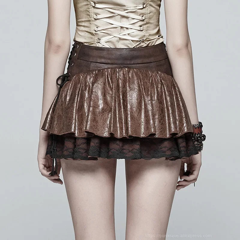 PUNK RAVE Steampunk Ruffled Miniskirt - New Fashion A-Line PU Leather with Lace, Sexy Bubble Goth Skirt for Women