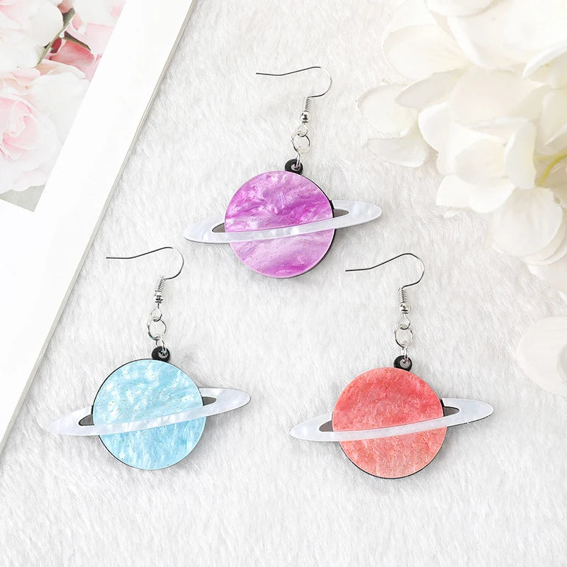 1 Pair Space Drop Earrings Colorful Cartoon Satellite Planet Jewelry Flatback Acrylic Holiday Gifts For Woman