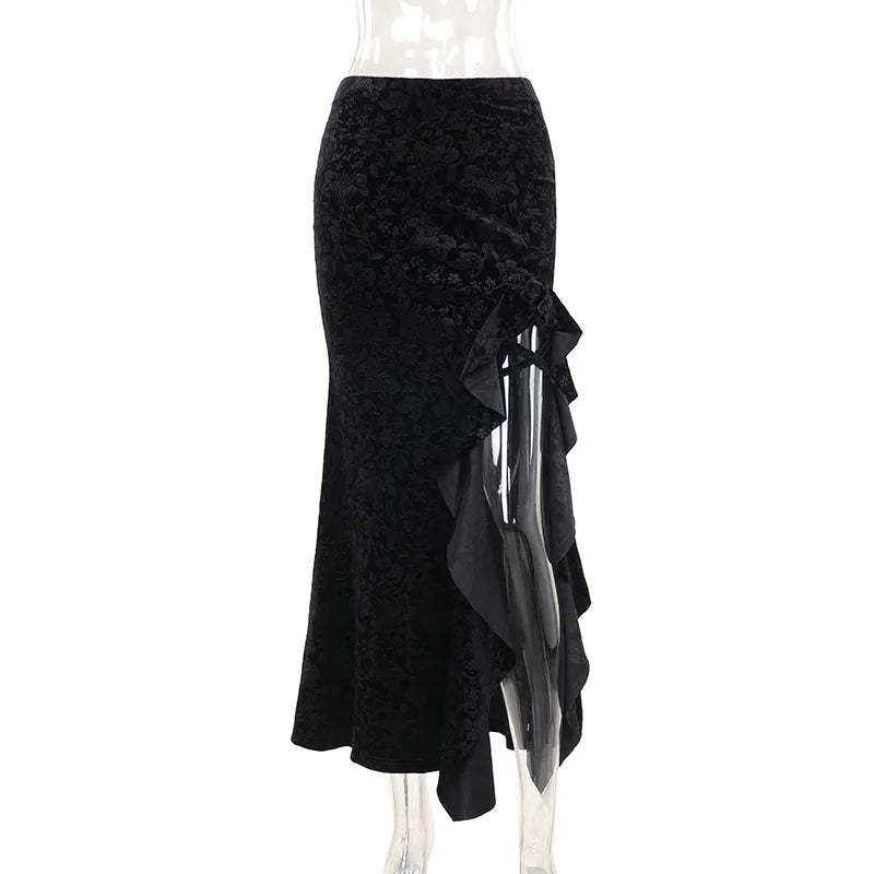 Goth Dark Elegant Flocking Long Skirt – Women’s Mall Gothic Irregular Split Hem Ruffle Skirt, Autumn Alt Fashion Bottoms