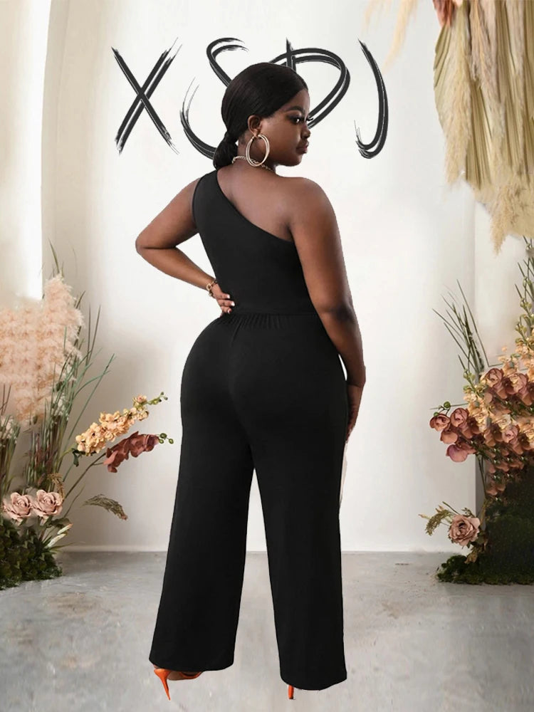 One-Shoulder Jumpsuit with Pearls – Black Sexy Plus Size Summer Outfit for Women