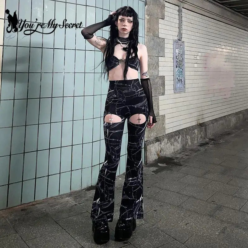 [You're My Secret] Hollow Out Black Flare Pants Print Gothic Punk Trousers Street Harajuku Skinny Sexy Transparent Women Pants