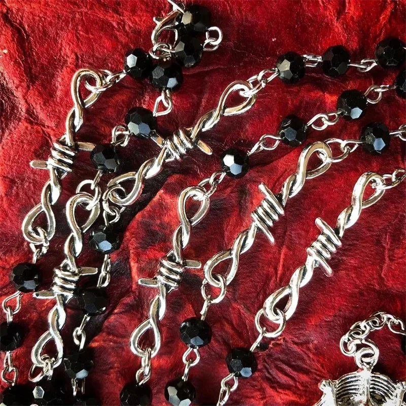 Gothic Occult Witchy Rosary Necklace - Tarot Sword Y2K Bat Thorns Beaded Wiccan Vampire Jewelry