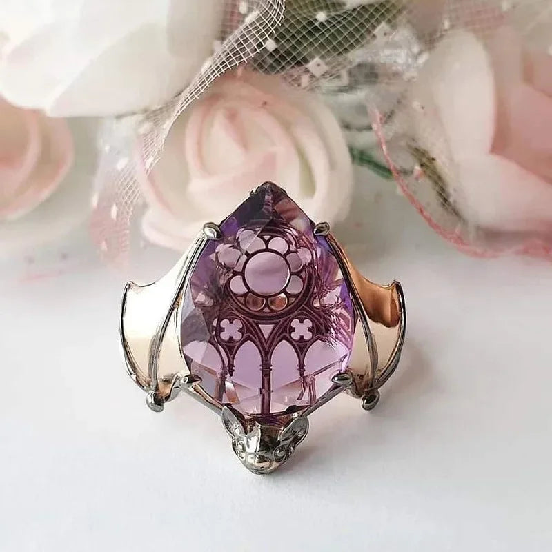 New Trendy Gothic Vintage Bat Finger Ring with Purple Water Drop Shape Zircon