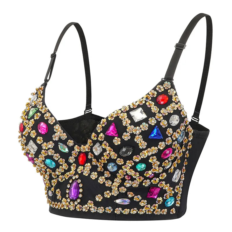 Multicolored Rhinestones & Floral Sequined Bralette - Rave Rock Club Party Crop Top Push-Up Bra, Luxury Brassiere for Women