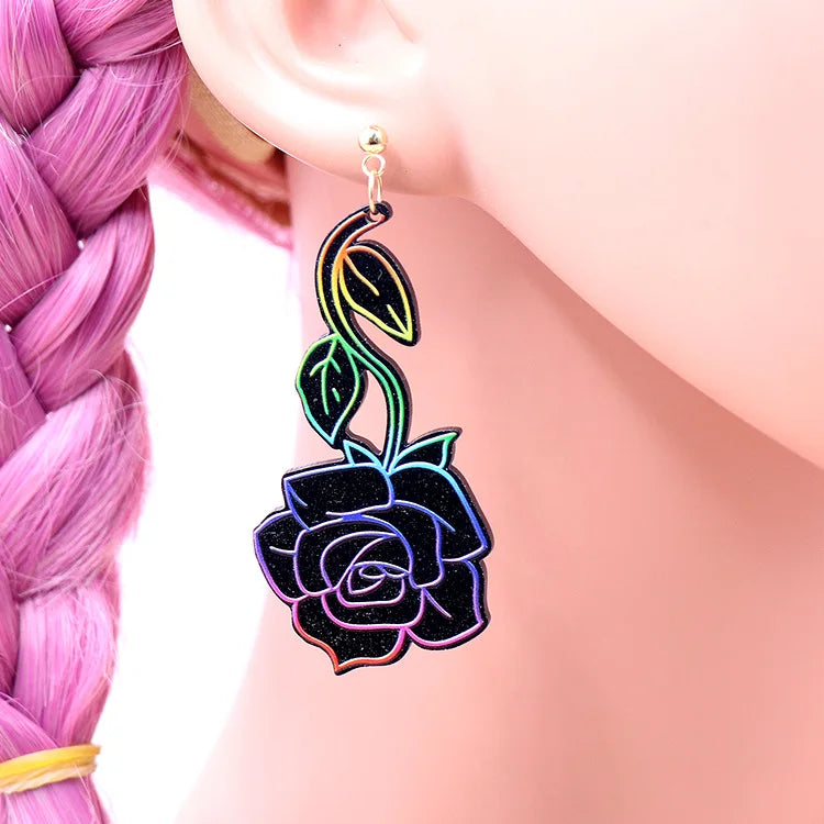 Unique Punk Rock Colorful Rose Flower Acrylic Earrings Sweet Hyperbole Love Bloom Earrings Jewelry for Women Girlfriend Gifts