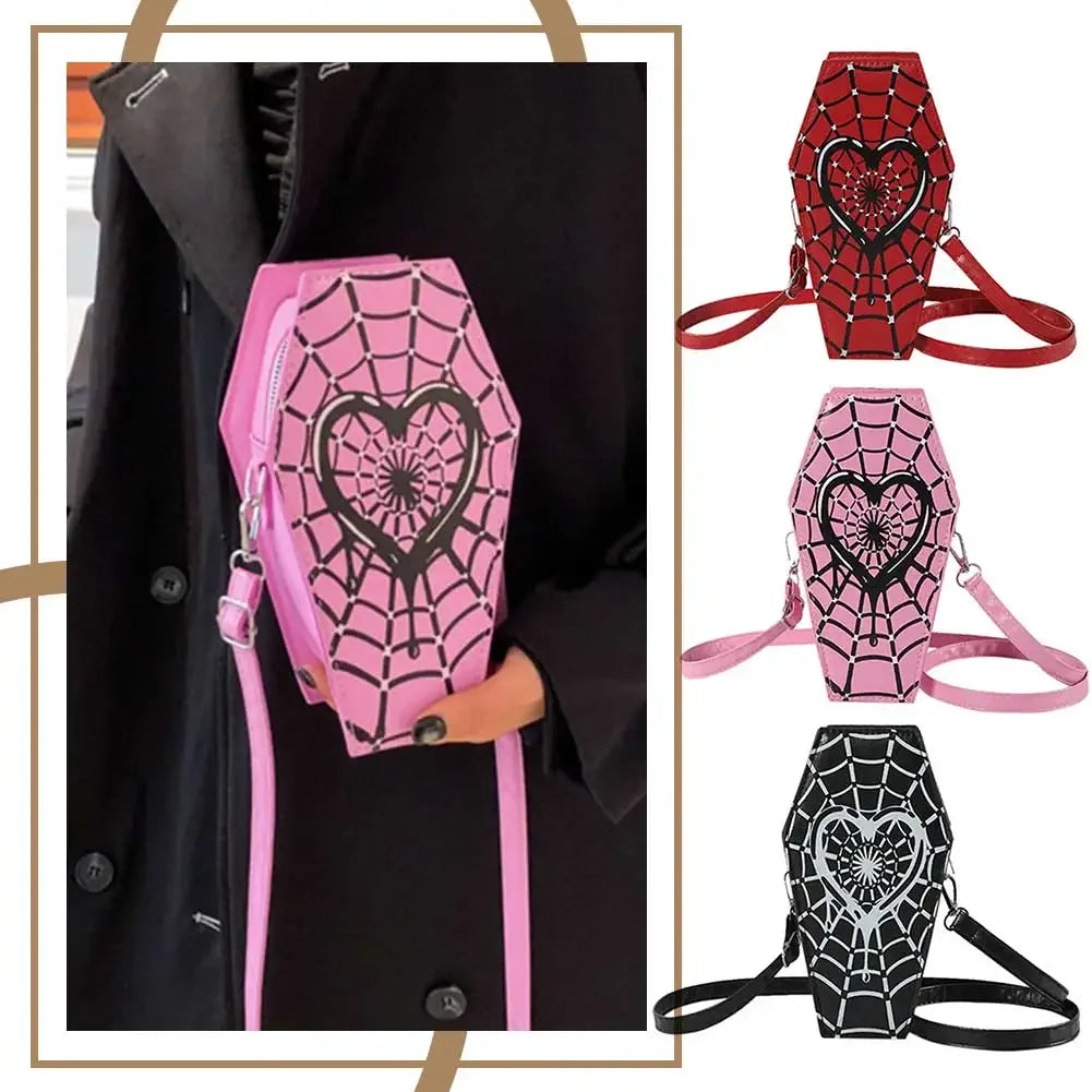 Women Fashion Shoulder Bag Large Capacity Coffin Shaped Casual Satchel Bag Adjustable Strap Spider Web PU Leather Chic Hobo Bag