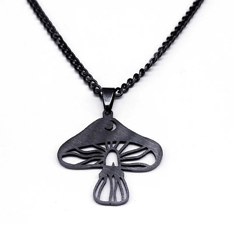 Gothic Witchcraft Mushroom Moon Star Necklace – Stainless Steel Plant Choker for Women and Men, Dark Style Gothic Jewelry Gift