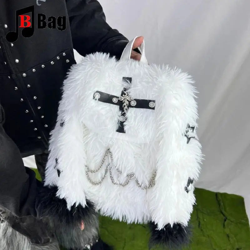 Gothic Lolita JK Harajuku Y2K Furry Rabbit Ear Chain Star Cross One Shoulder Handbag | Cute Backpack Tote for Women and Girls