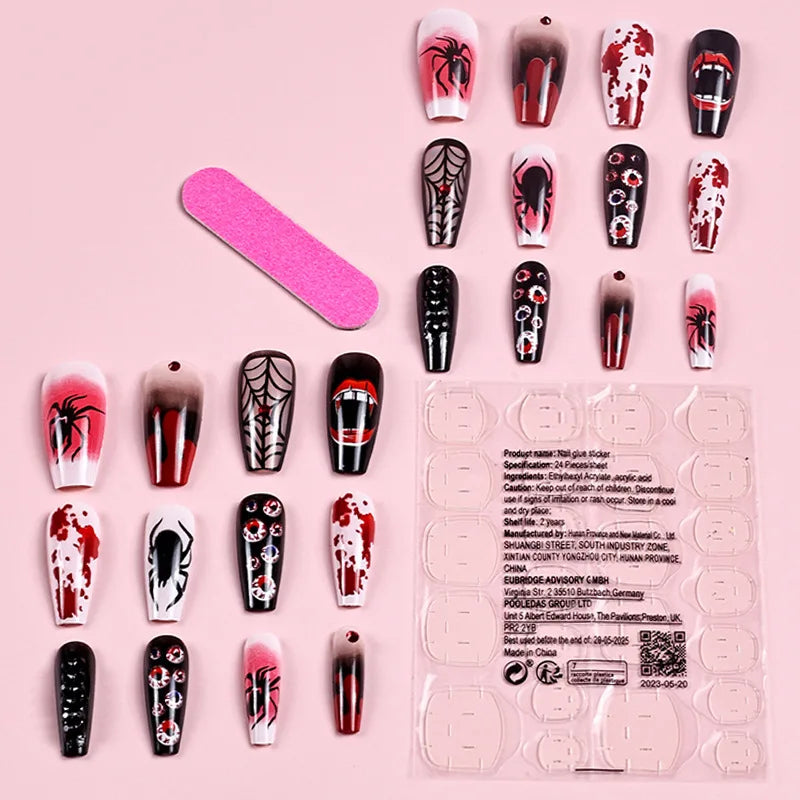 24pcs Halloween Spider Web & Ghost Face False Nails – Rhinestone Eyeball Horror Press-On Nails for Women & Girls