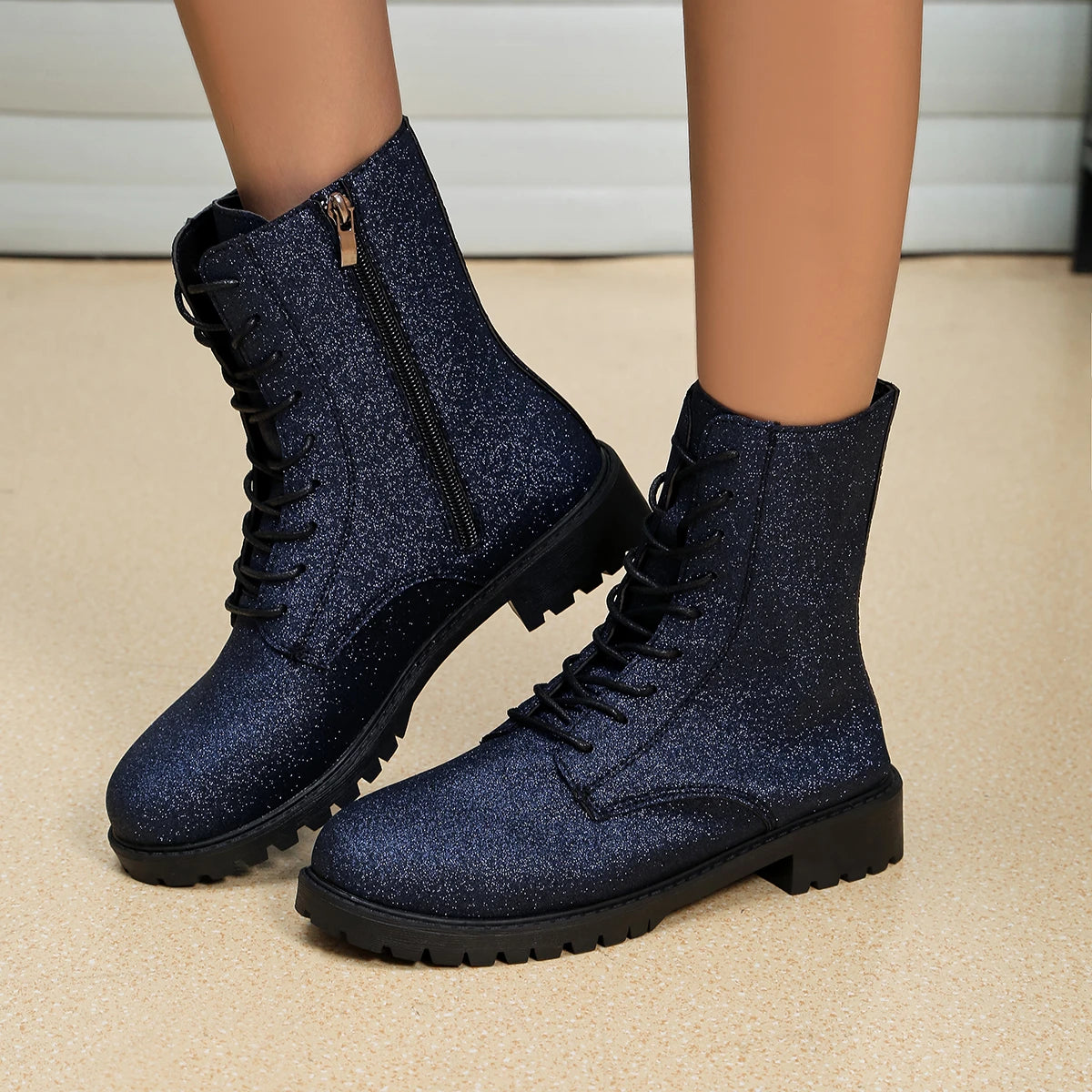 Autumn/Winter British Style Glitter Biker Boots – Breathable Short Round Toe Doc Martens Style in Navy & Brown