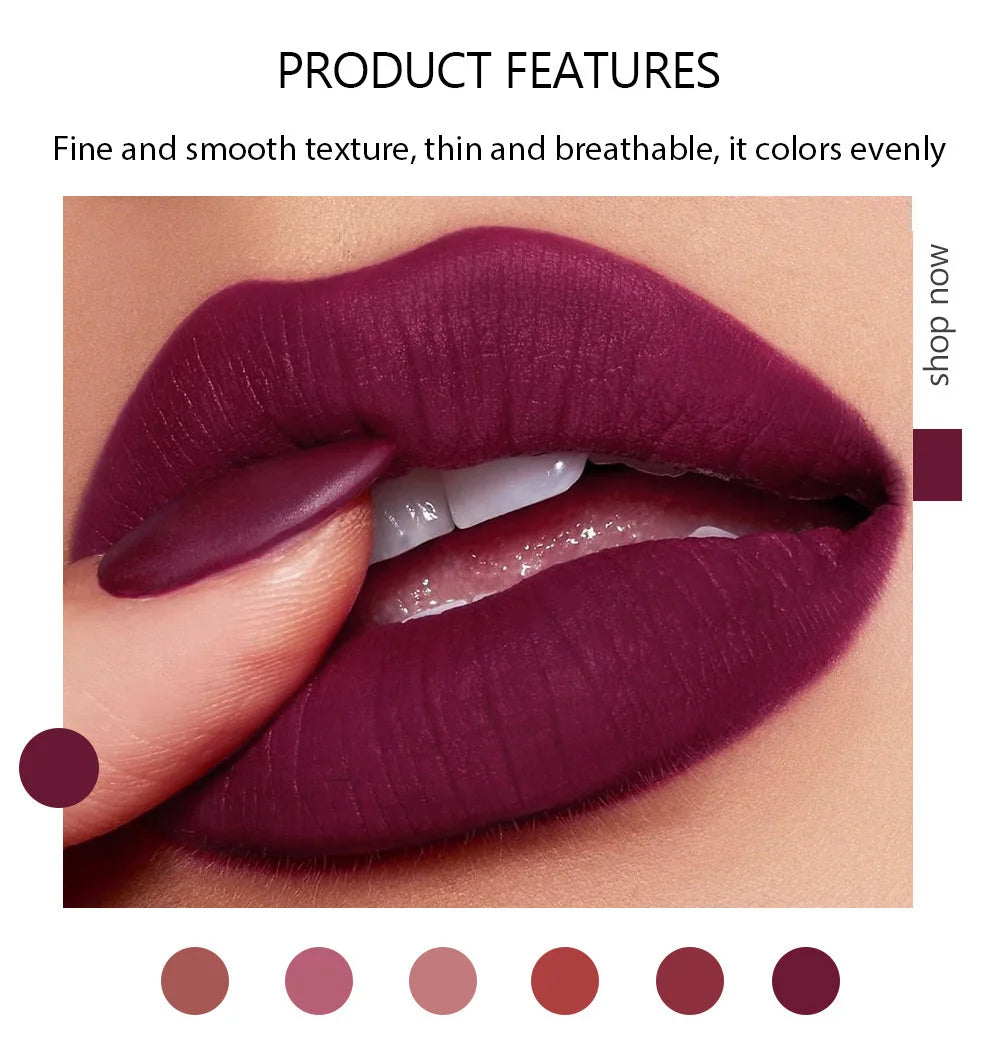 6-Colors Matte Lipstick – Long-Lasting, Non-Fading Velvet Finish, Waterproof & Smudge-Proof Lip Colors