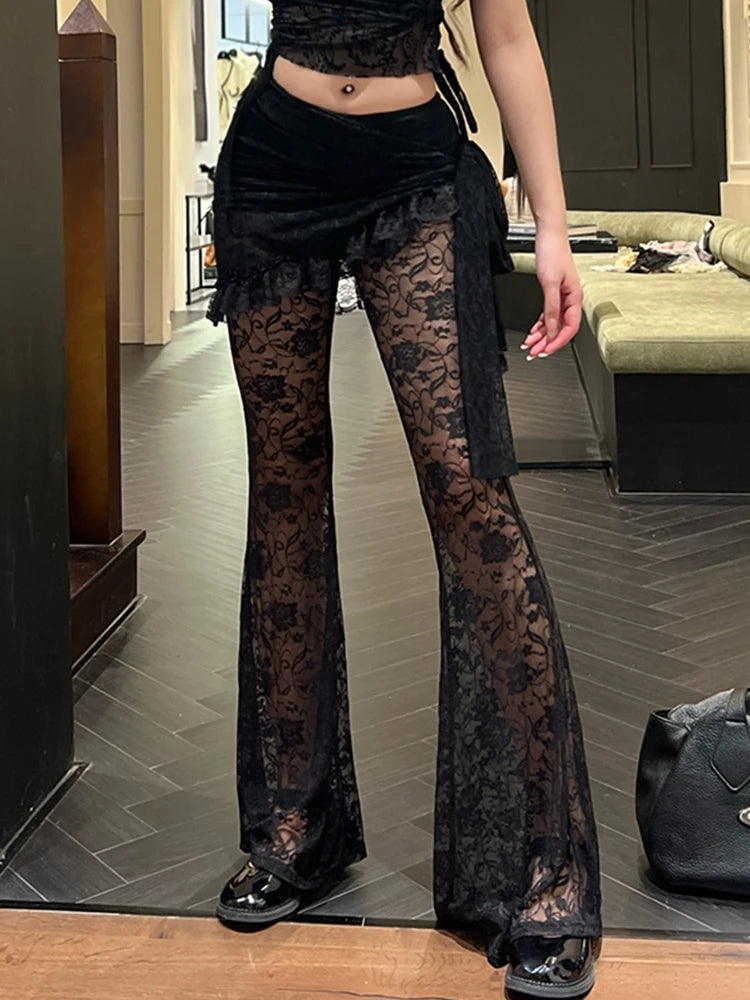 InsGoth Gothic Lace Flared Trousers Two-Piece Suit | Women’s Asymmetric Apron Harajuku Retro See-Through Wide Leg Printed Pants