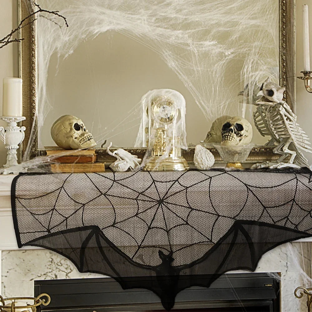 Halloween Bat and Spider Web Table Runner - Lace Cobweb Door Curtain, Ideal for Gothic Halloween Decoration