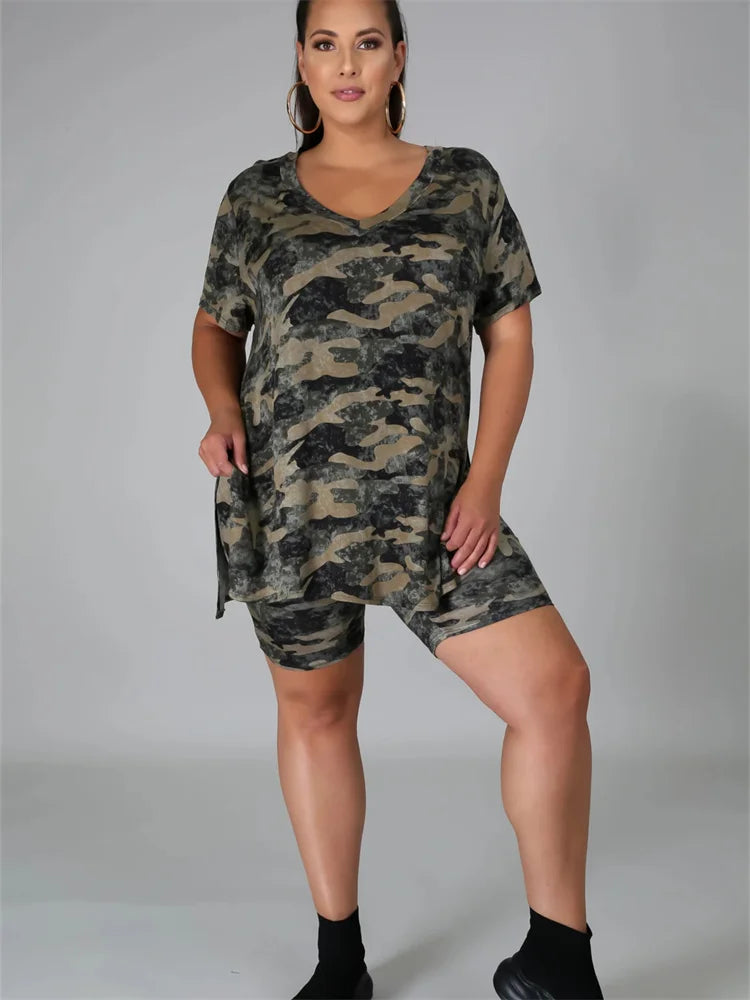 Wmstar Plus Size Two Piece Set Camouflage Women's Clothing Short Sets Matching Top and Pants Suit Summer Wholesale Dropshipping