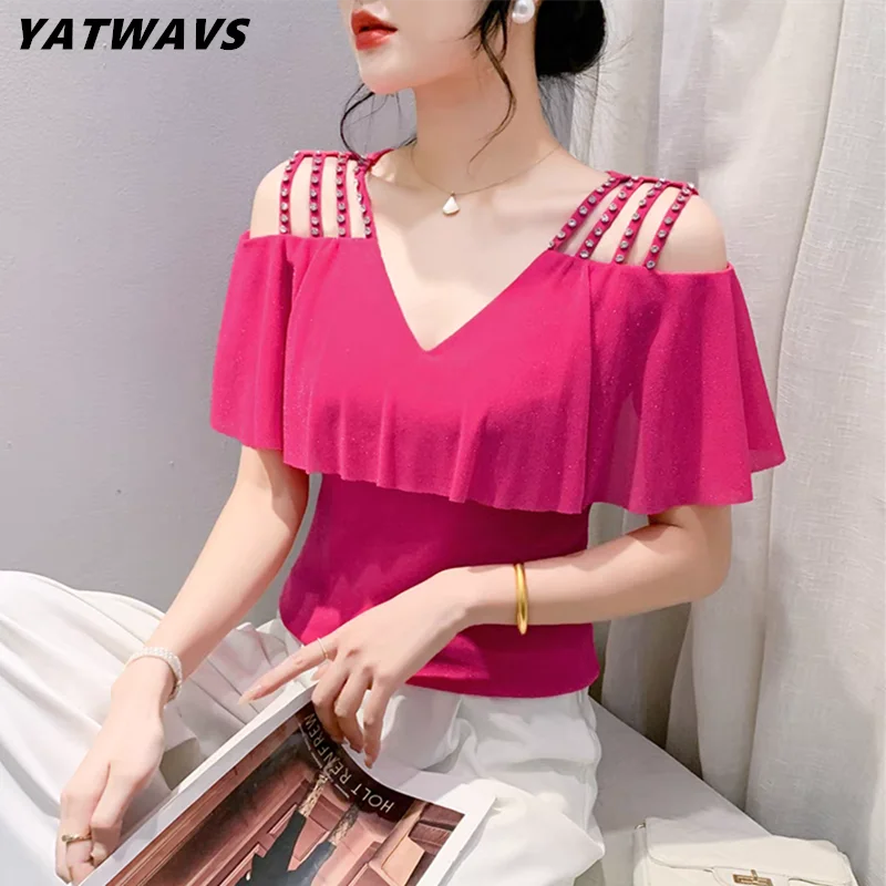 Summer Streetwear Girl Sexy Off Shoulder T-shirt New Women Mesh Patchwork Ruffles Slim Tops Chic Hollow Out Hot Diamonds Tees