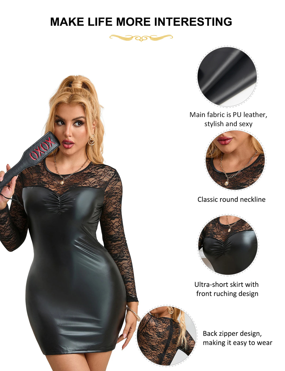 Black Bodycon Faux Leather and Lace Evening Dress – Plus Size Sexy Outfit and Lingerie