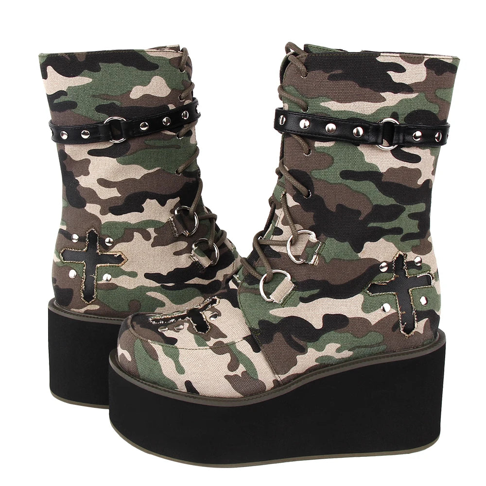 Fashion Women motorcycle camouflage boots lady Punk Cool Boots woman high trifle heel pumps platform shoes 10cm plus size 33-47