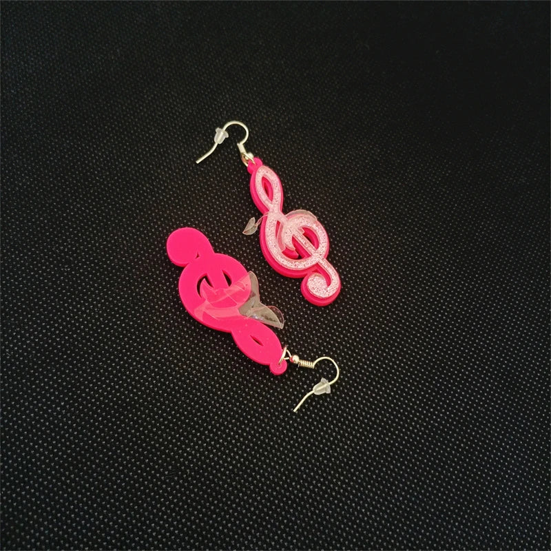 Pink Treble Clef Dangle Earrings - Glitter Acrylic, Cute Classic Fashion Jewelry Accessories by KUGUYS