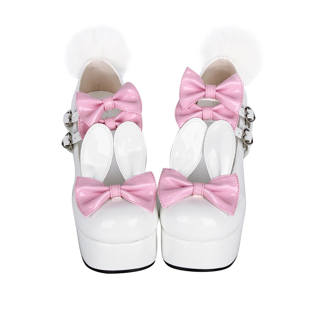 Women lolita cosplay shoes lady high heels pumps girl student dress party customized shoes pink white PL bows Rabbit ears 33-47