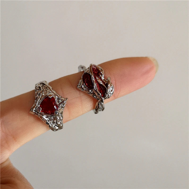 Punk Goth Red Crystal Geometric Heart Pearl Star Animal Rings - Women's Y2K Aesthetic Vintage Grunge Jewelry