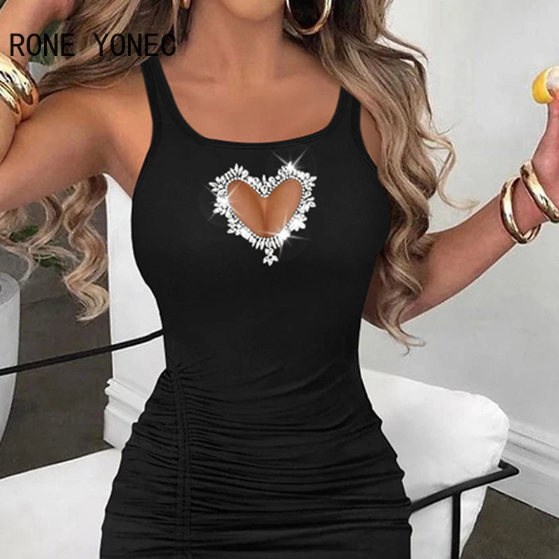 Women’s Solid Bodycon Maxi Dress with Thick Straps and Rhinestone Heart Decoration