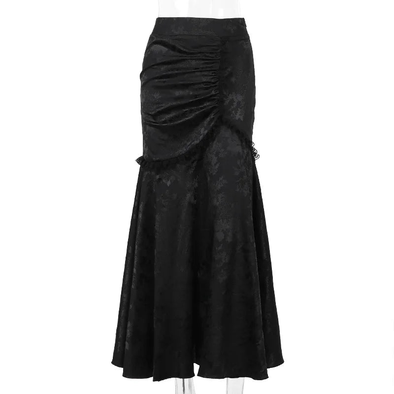 Goth Dark Elegant Fashion Party Gown - High Waist Lace-Stitched Mermaid Skirt, Sexy Pleated Bodycon for Women