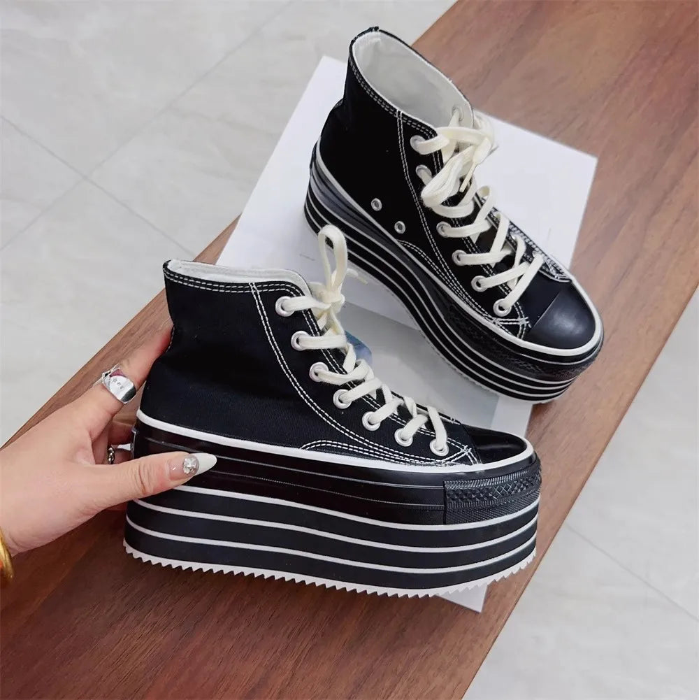 New Handmade Women's Black Canvas Shoes - Casual High Thick Heels, Lace-Up Princess Party Pumps