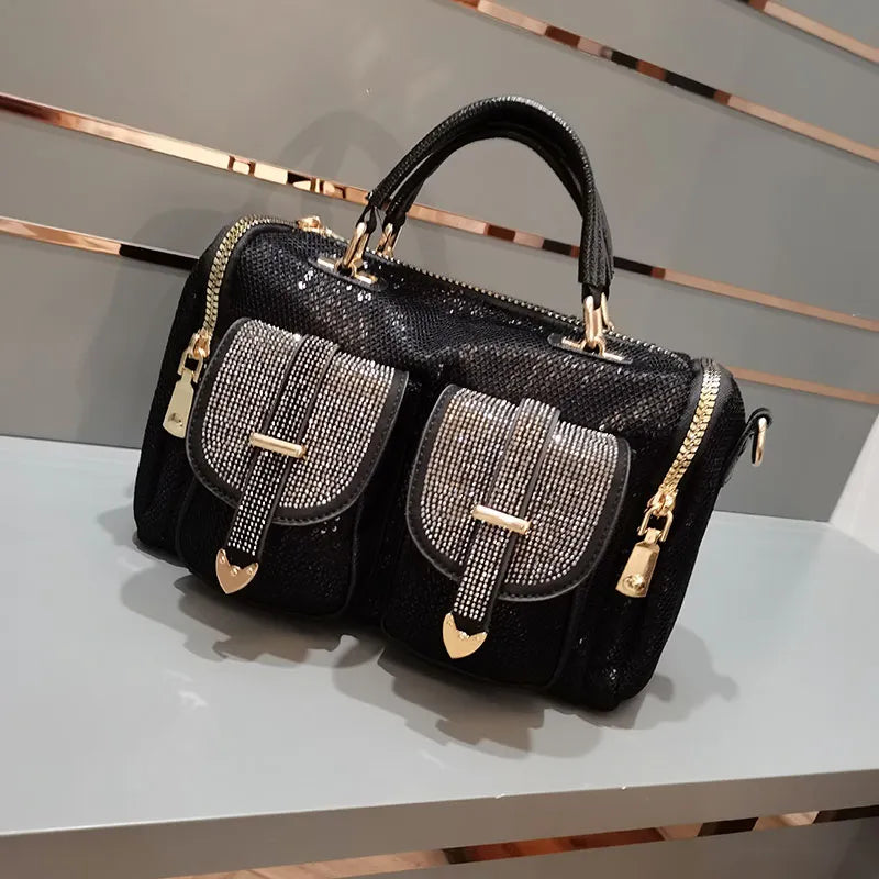 Luxury Rhinestone Women’s Bag - Shining Sequins Crossbody Shoulder Bag with Large Capacity, Black Top Handle Handbag