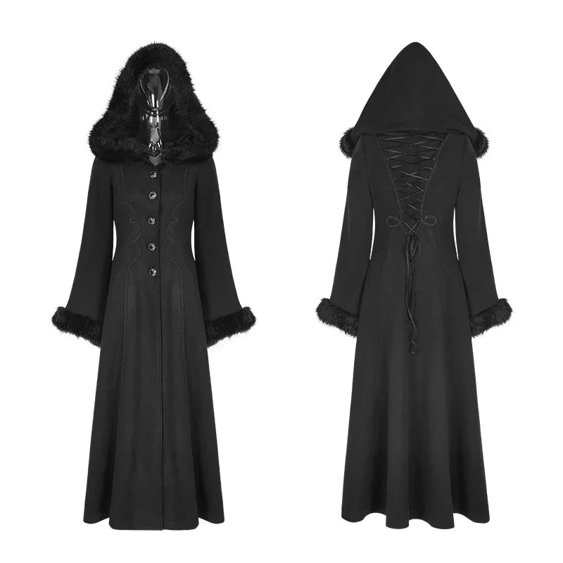 PUNK RAVE Women's Gothic Winter Coat - Black Long Worsted Coat with Disc Flowers and Embroidery, Hooded Raincoat for Autumn