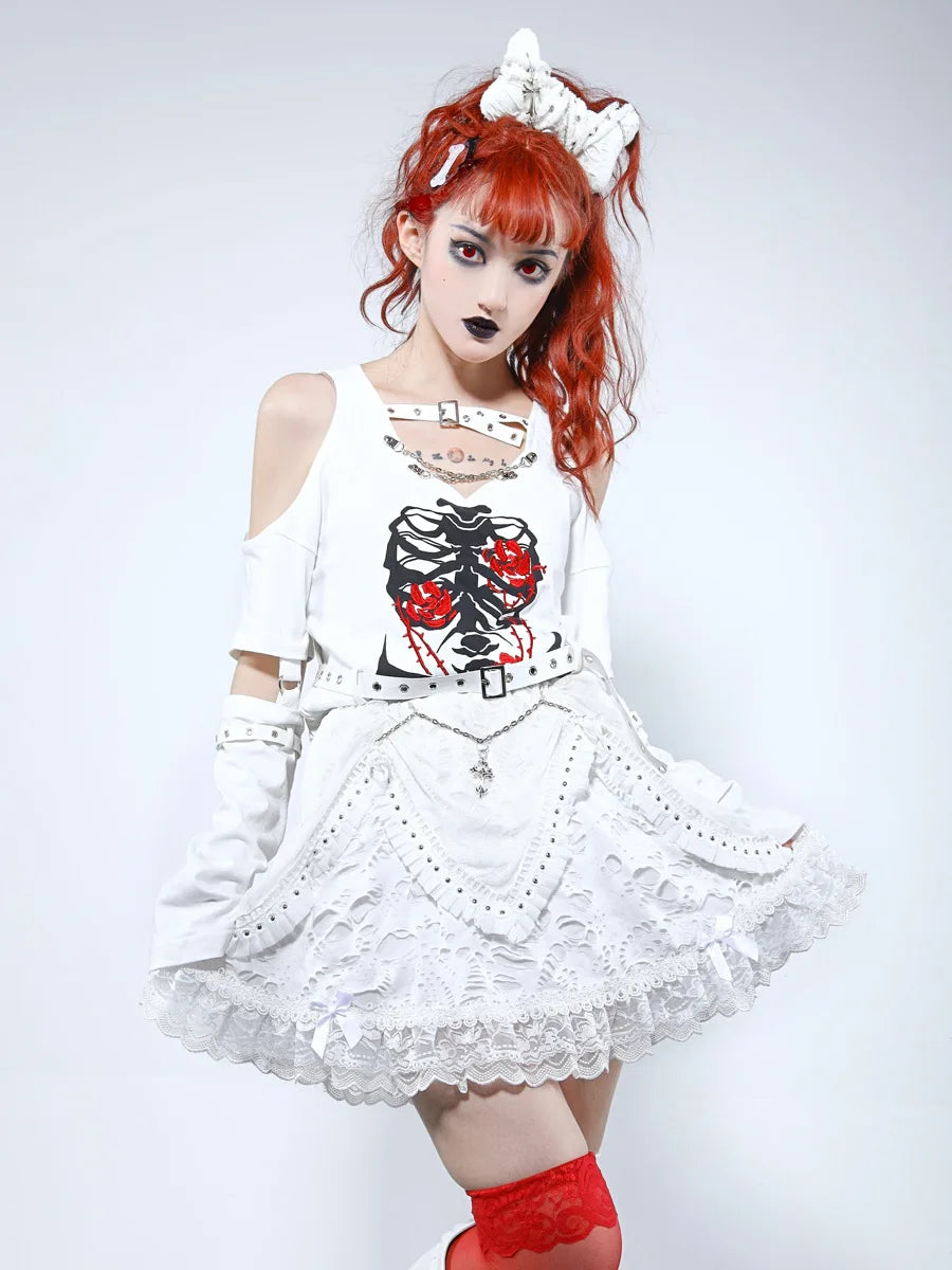 Blood Supply Harajuku Mini Cake Skirt – White Gothic Summer Ball Gown with Lace Patch Cross, Halloween Punk Kawaii Cute Skirt