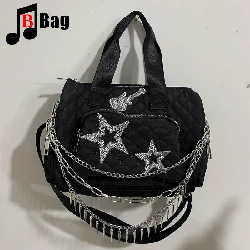 Goth Punk Women's Fashion Handbag - Casual Crossbody Diamond Shoulder Bag, Oxford Cloth Waterproof All-Match Messenger