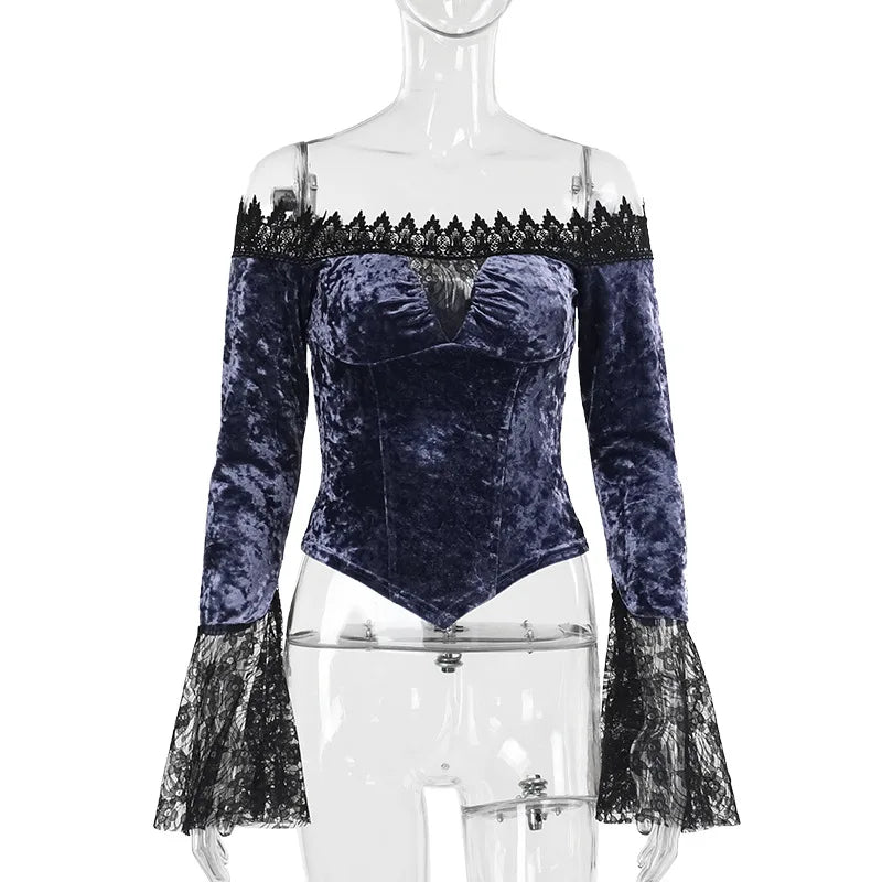 Goth Dark Lace Patchwork Velvet Crop Top – Slim Gothic Slash Neck Pullover Blouse for Autumn/Winte