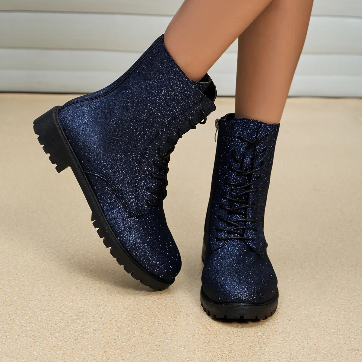 Autumn/Winter British Style Glitter Biker Boots – Breathable Short Round Toe Doc Martens Style in Navy & Brown