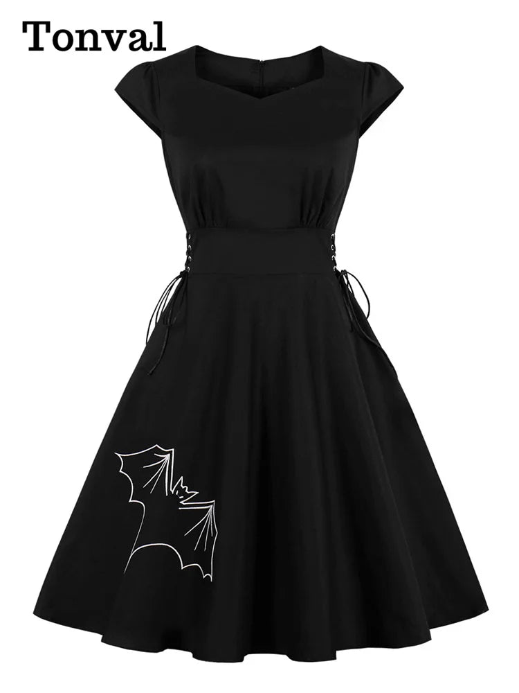 Tonval Sweetheart Neck Bat Embroidered Lace-Up Side Black Vintage Dress Women Halloween Party Festival Clothing Cotton Dresses