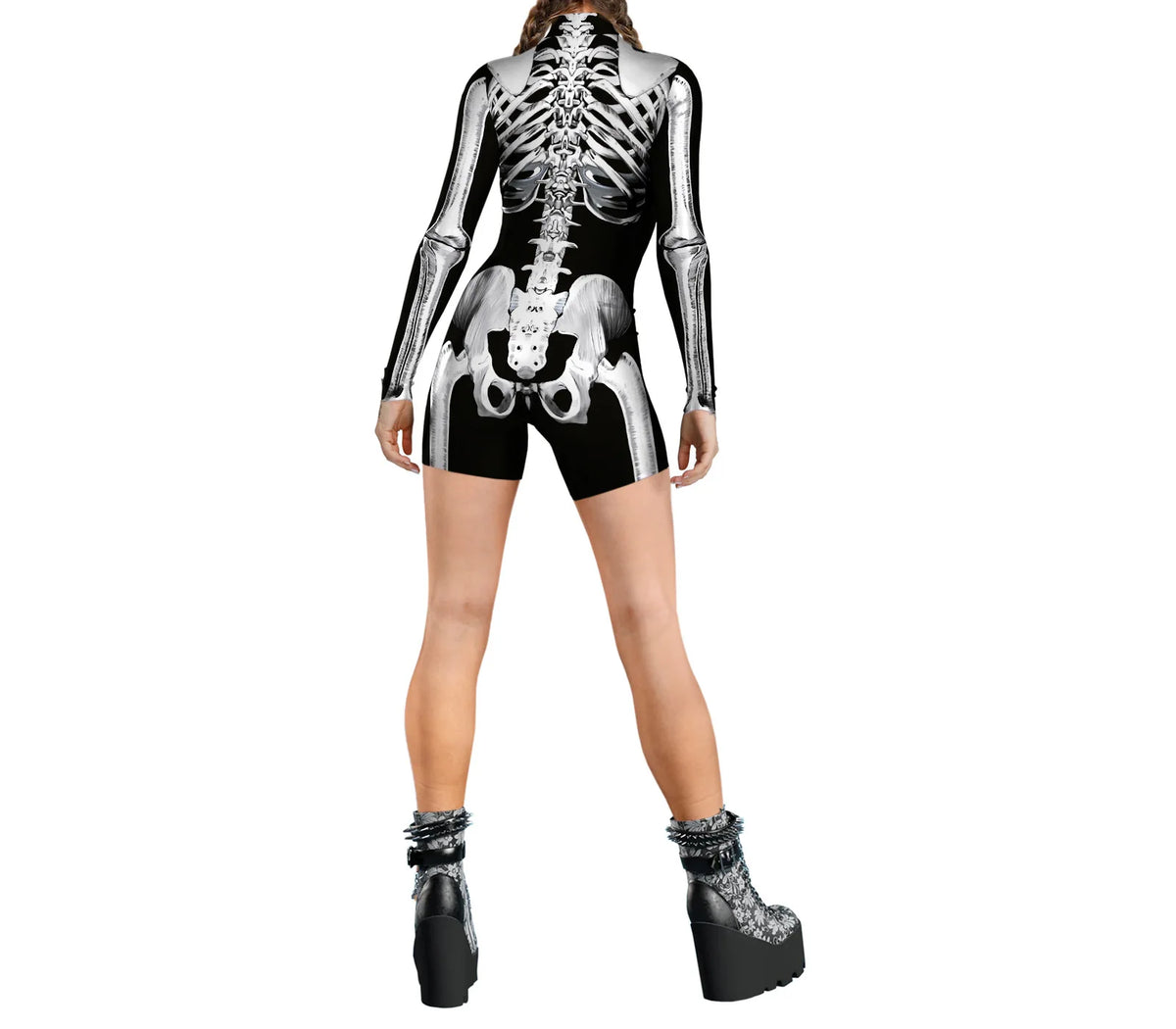 NEW Women Skeleton Black White Shorts Jumpsuit Funny Bodysuit Stretch Skinny One Piece Outfit Onesie Catsuit Halloween Cosplay