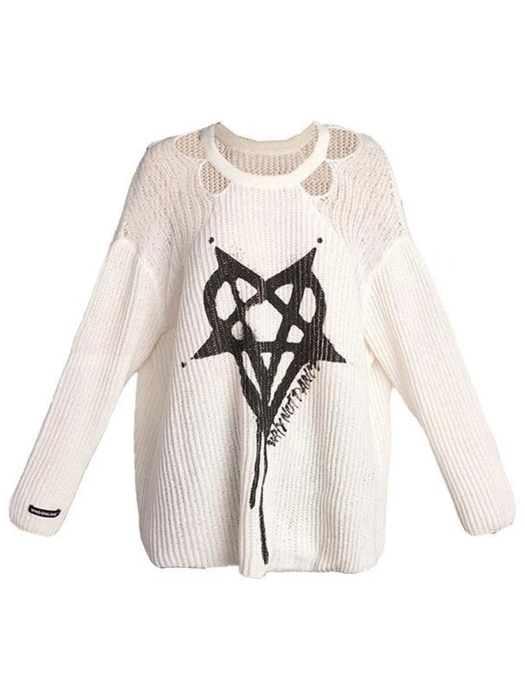 AltGoth Harajuku Streetwear Knitted Sweater Women Cyber Punk Y2k Pentagram Printed Long Sleeve Hollow Out Loose Casual Pullover